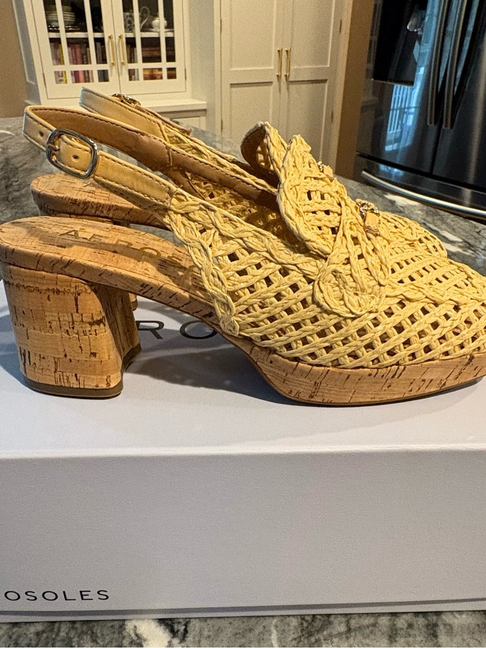 AEROSOLES Santiago Raffia Woven Slingback Platform Heels